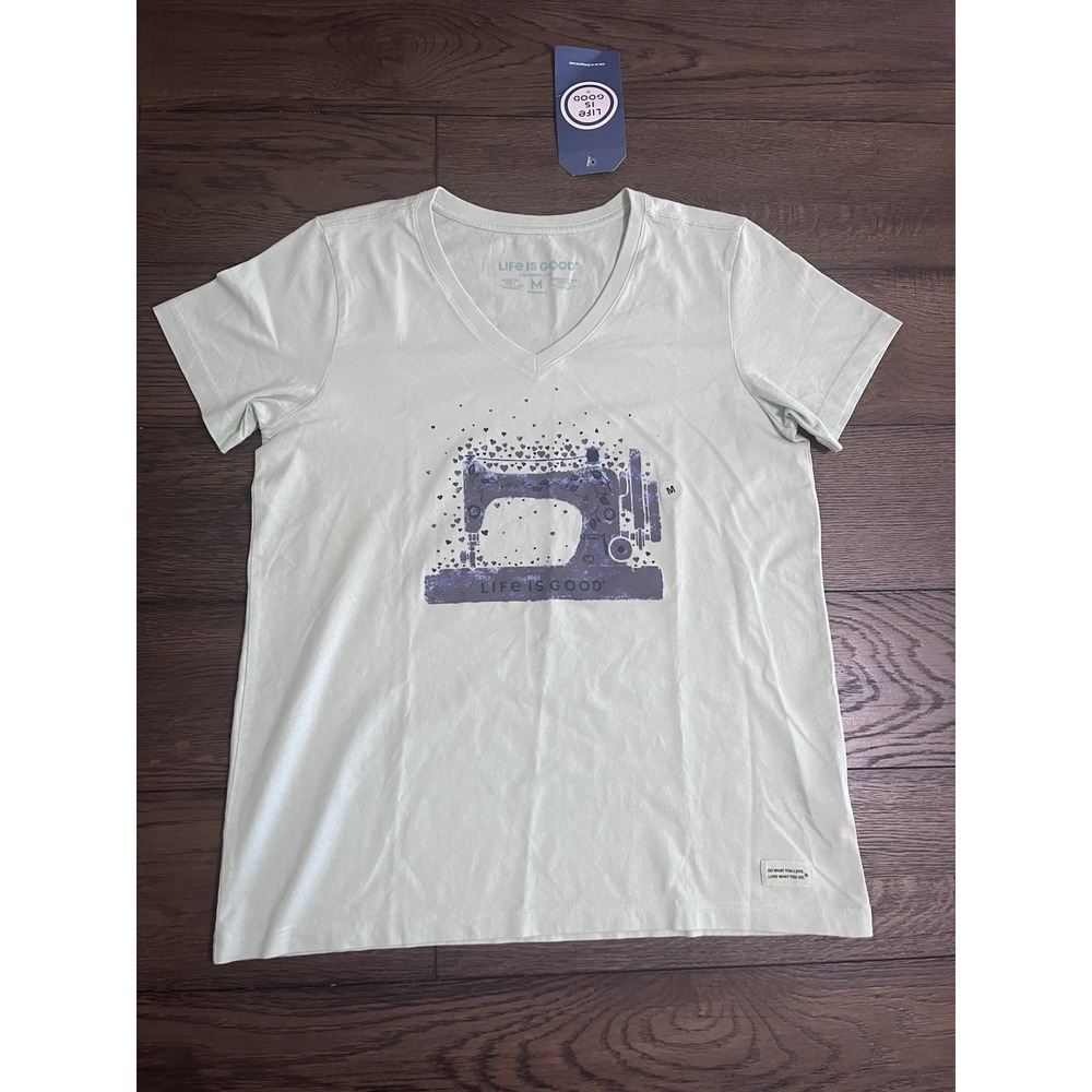 NEW Life Is Good Crusher Vneck T-shirt Aqua Love Machine Sew Womens Size Medium